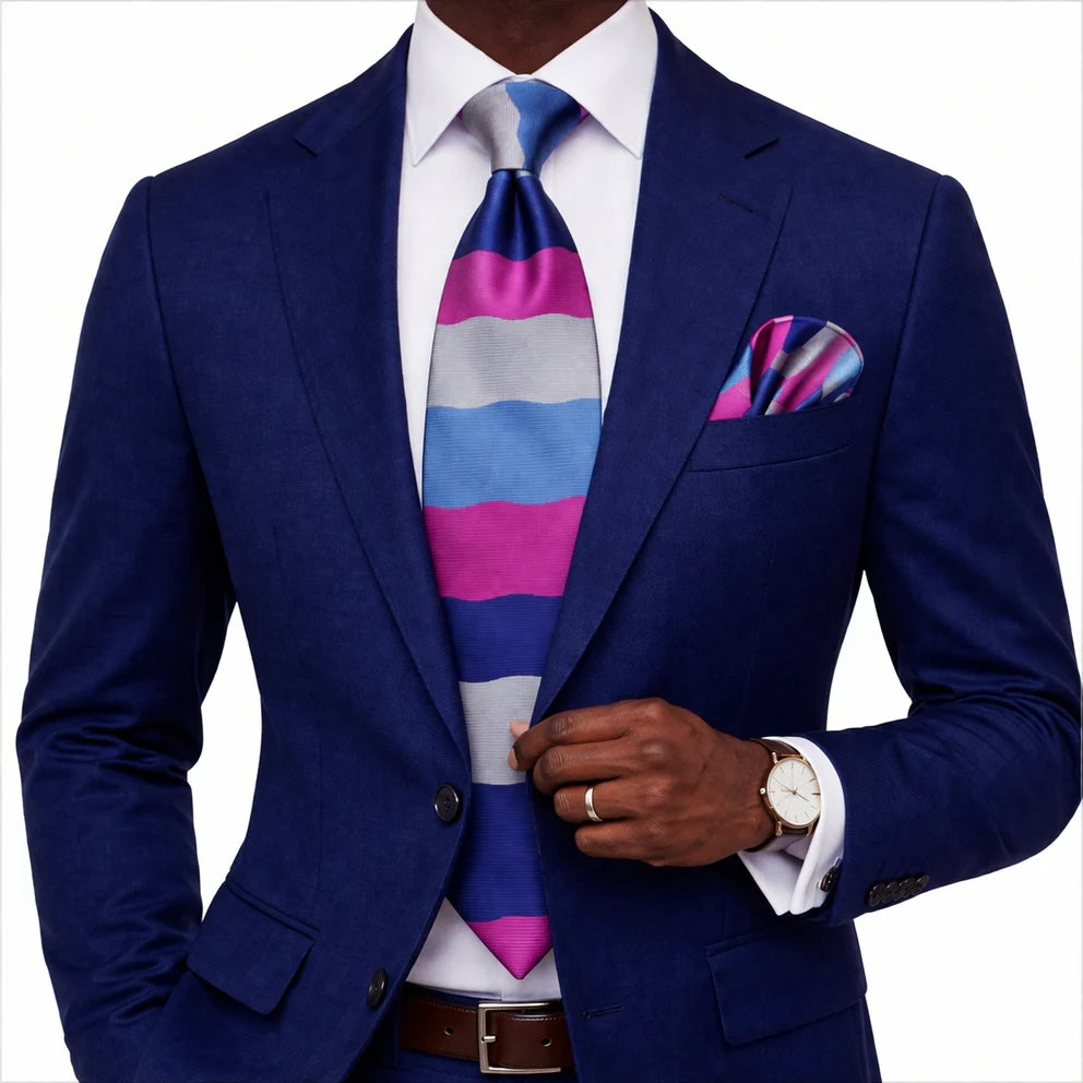 HYMAN ROTH A6 | NAVY/HOT PINK/BLUE/GREY | TIE & POCKET SQUARE