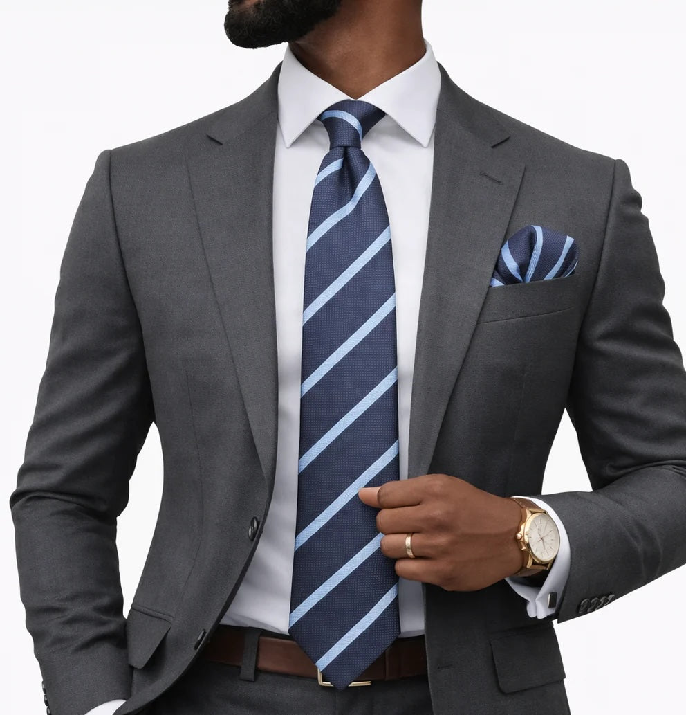 POWER STRIPE B7 | GREY & SKY BLUE | TIE & POCKET SQAURE