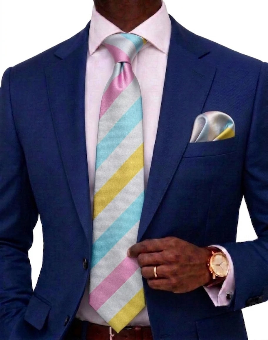 Egyptian Stripe A4 | Silver/Pink/Yellow/Teal | Tie & Pocket Square