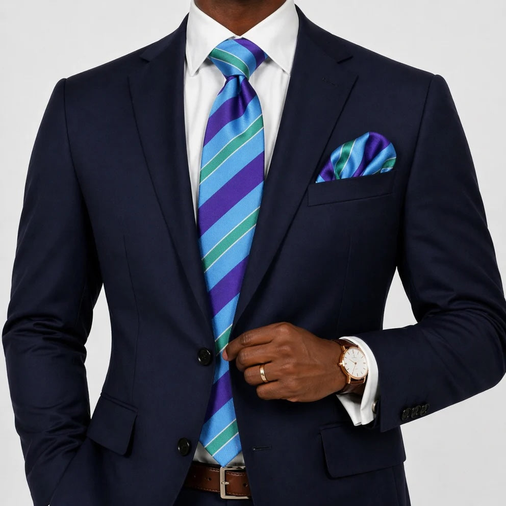 Giza Stripe A7 | Aqua/Purple/Green | Tie & Pocket Square