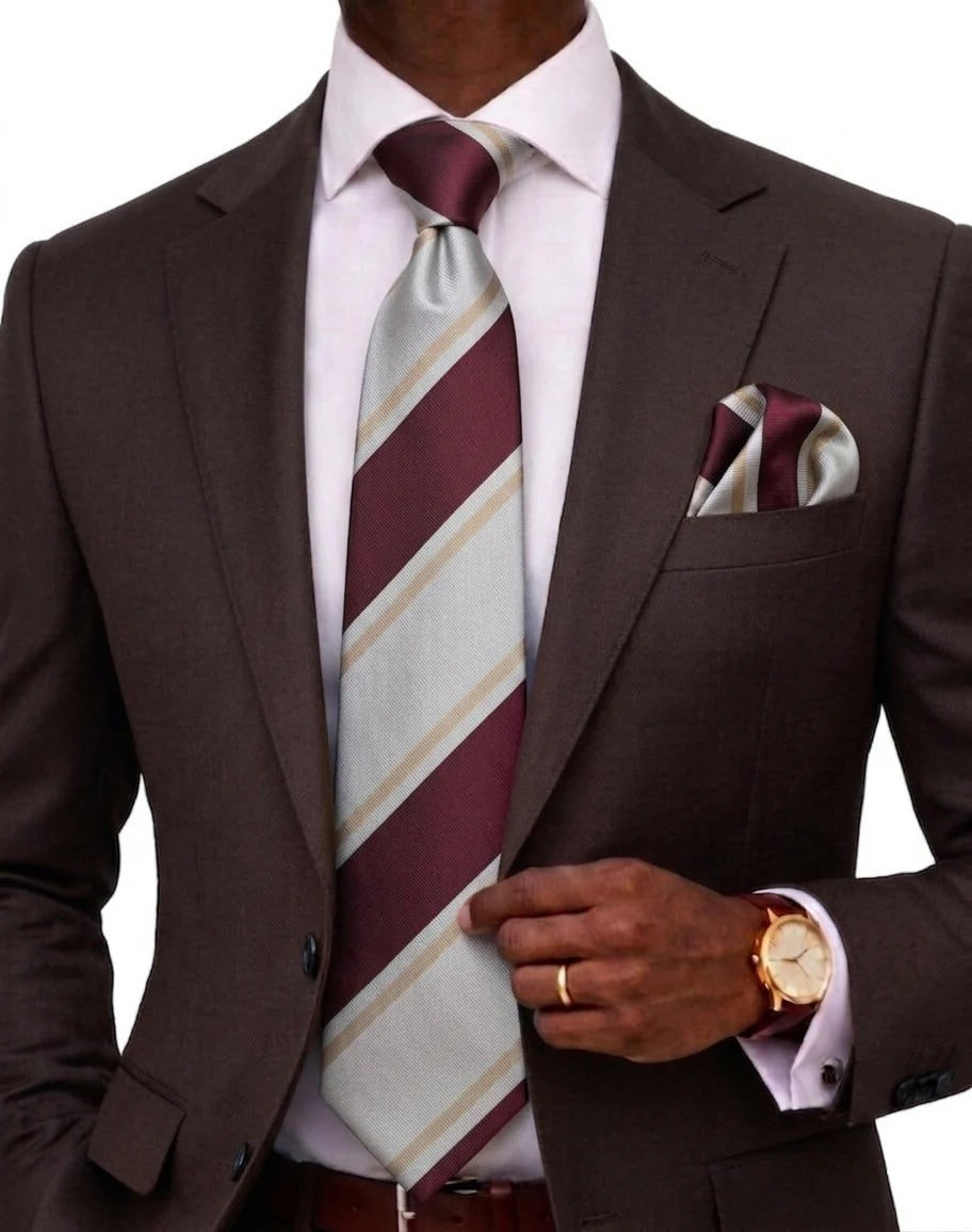 Messiah Stripe B7 | Maroon/Taupe/Tan |Tie & Pocket Square