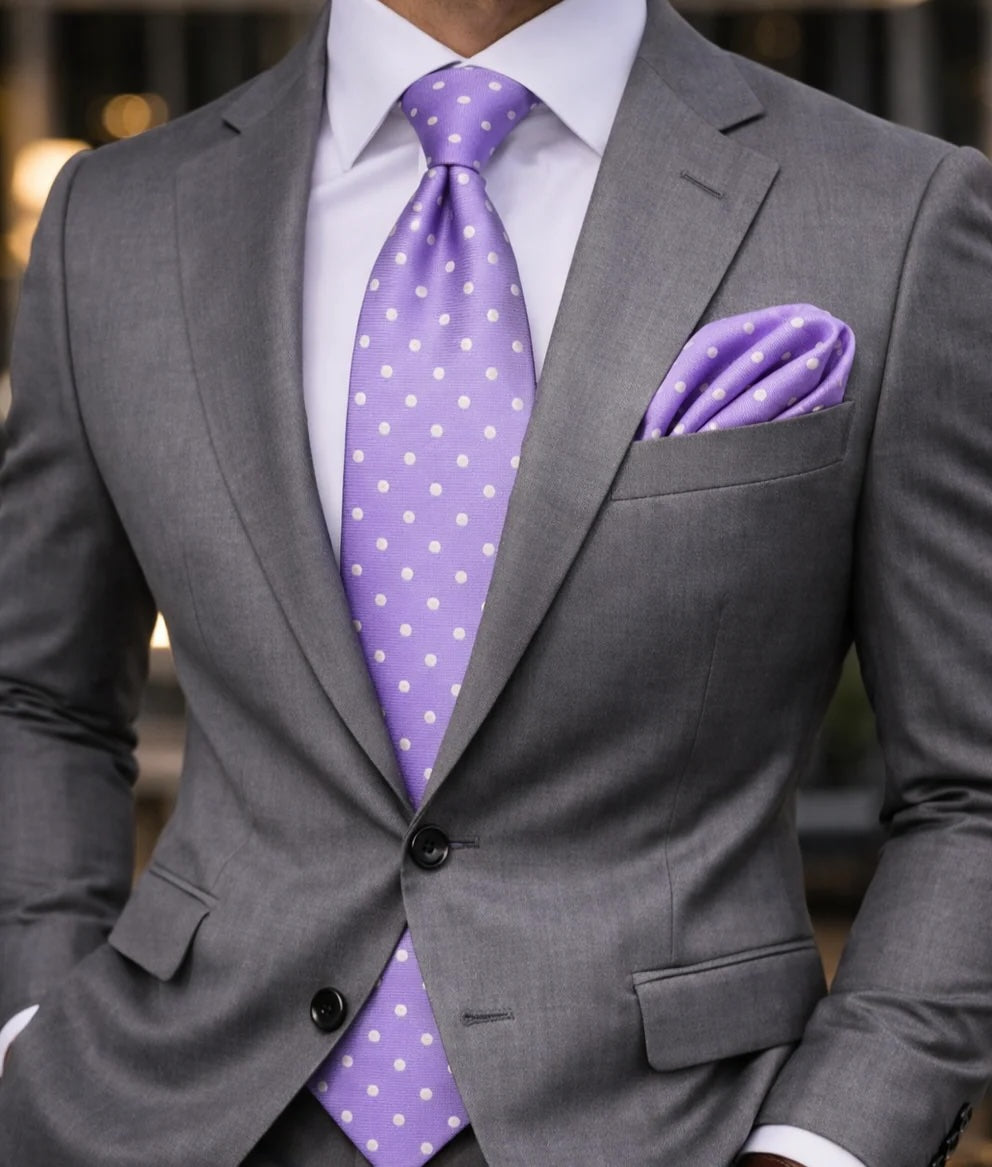 Pindot A6 | Lavender Solid White Dot | Tie & Pocket Square