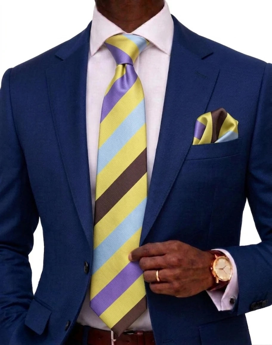 Egyptian Stripe A2 | Gold/Lavender/Brown/Grey | Tie & Pocket Square