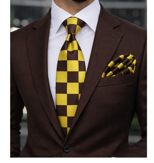 CHESS B5 | BROWN & YELLOW | TIE & POCKET SQAURE