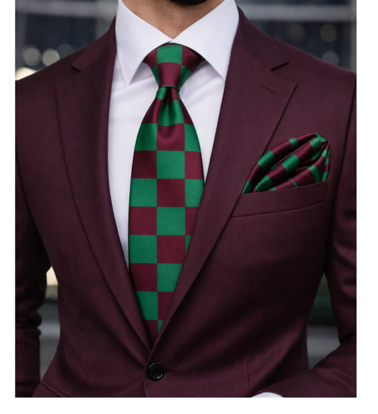 CHESS C1 | WINE & GREEN | TIE & POCKET SQAURE