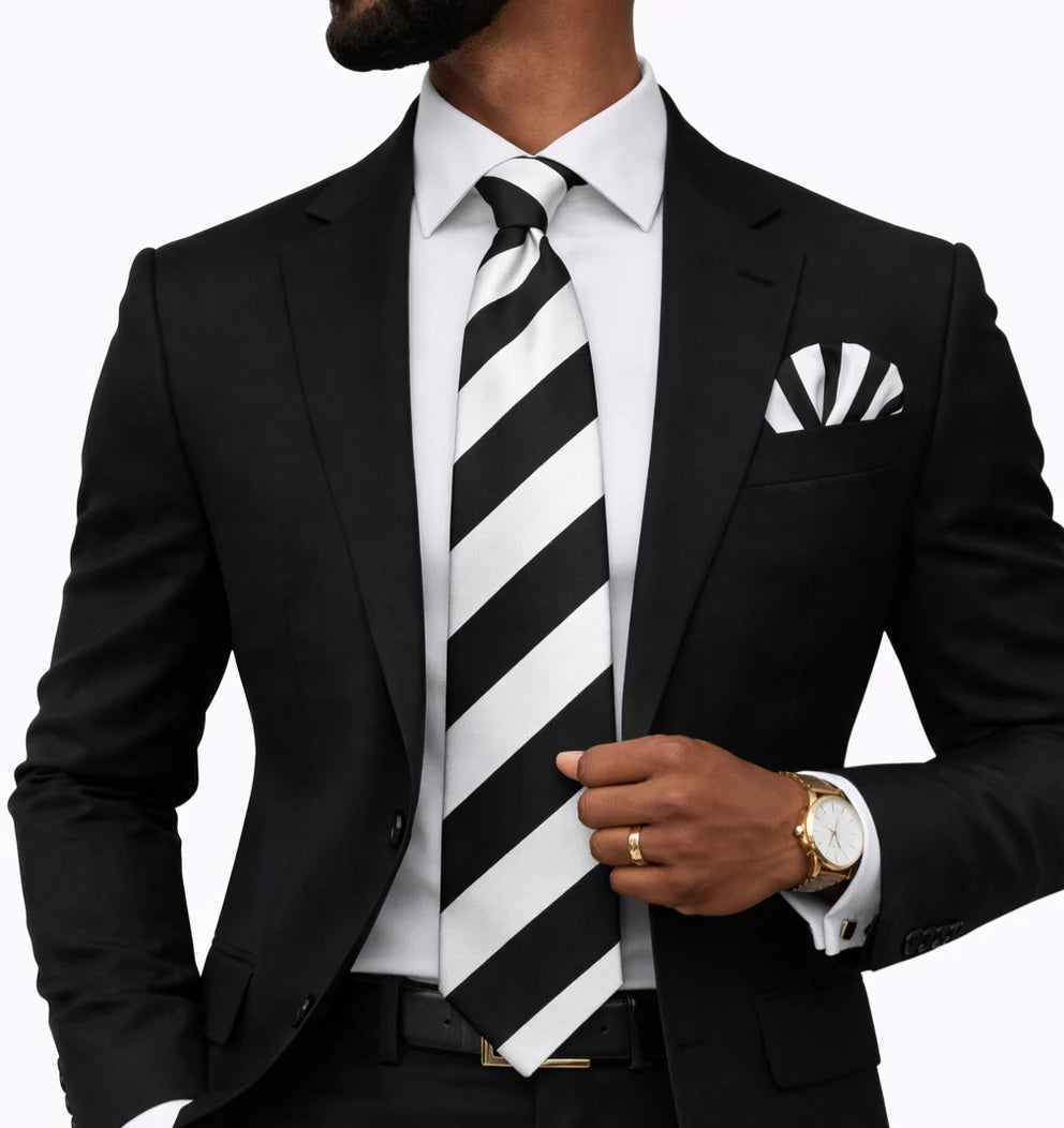 CUATRO STRIPE A1 | BLACK & WHITE | TIE & POCKET SQAURE