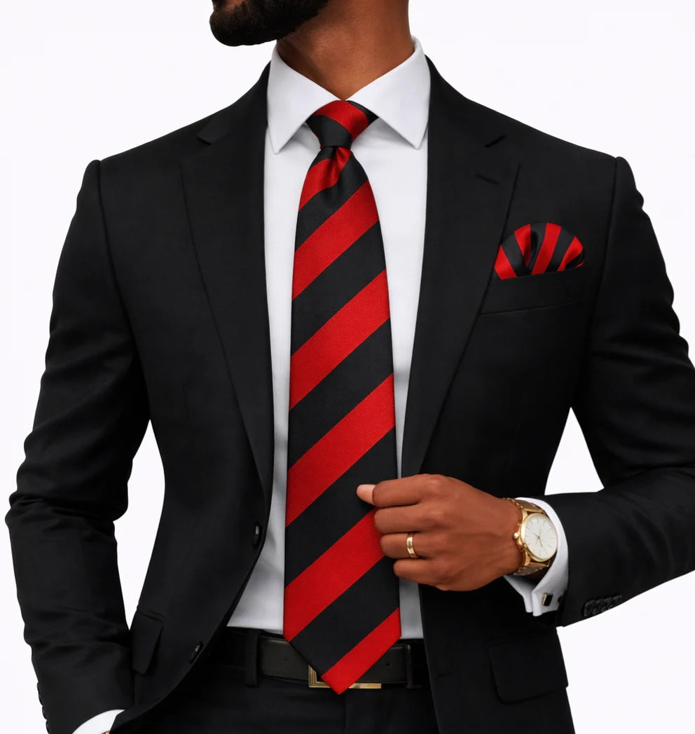 CUATRO STRIPE A3 | BLACK & RED | TIE & POCKET SQAURE