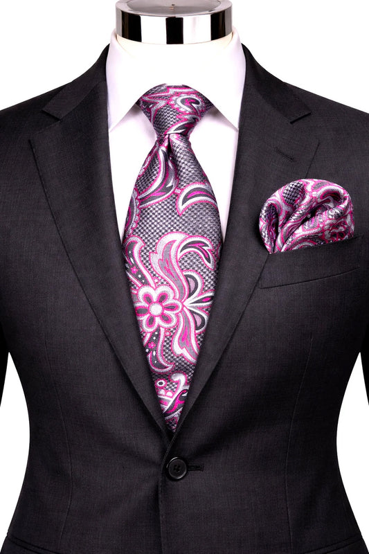 EMILIO 7 | SILVER BLK FUSCHIA | TIE & POCKET SQUARE