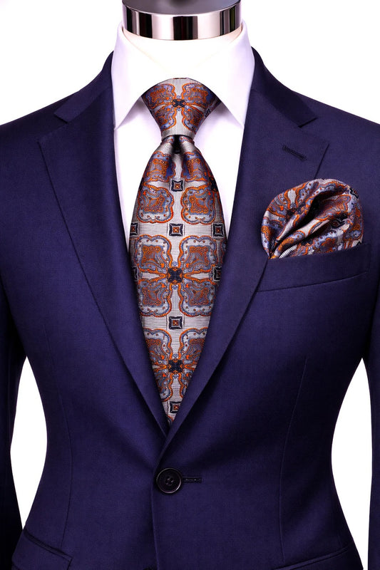 LUCA BRASI 4 | GREY & ORANGE | TIE & POCKET SQUARE