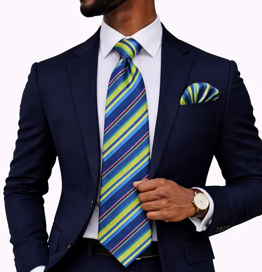 LUXOR STRIPE A5 | MULTI COLOR NAVY | TIE & POCKET SQAURE