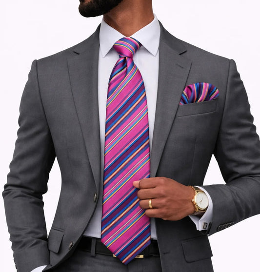 LUXOR STRIPE A8 | MULTI COLOR PINK | TIE & POCKET SQAURE
