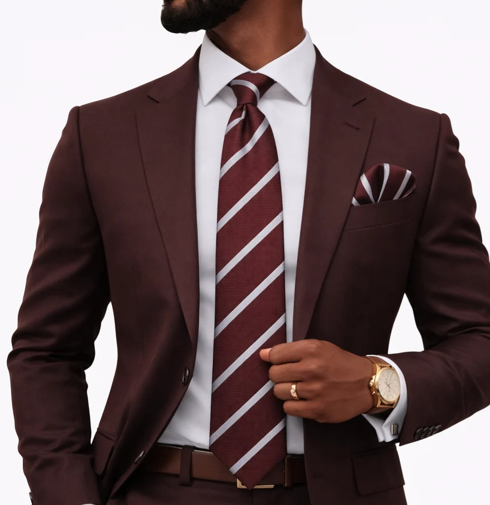 POWER STRIPE C1 | WINE & SILVER | TIE & POCKET SQAURE