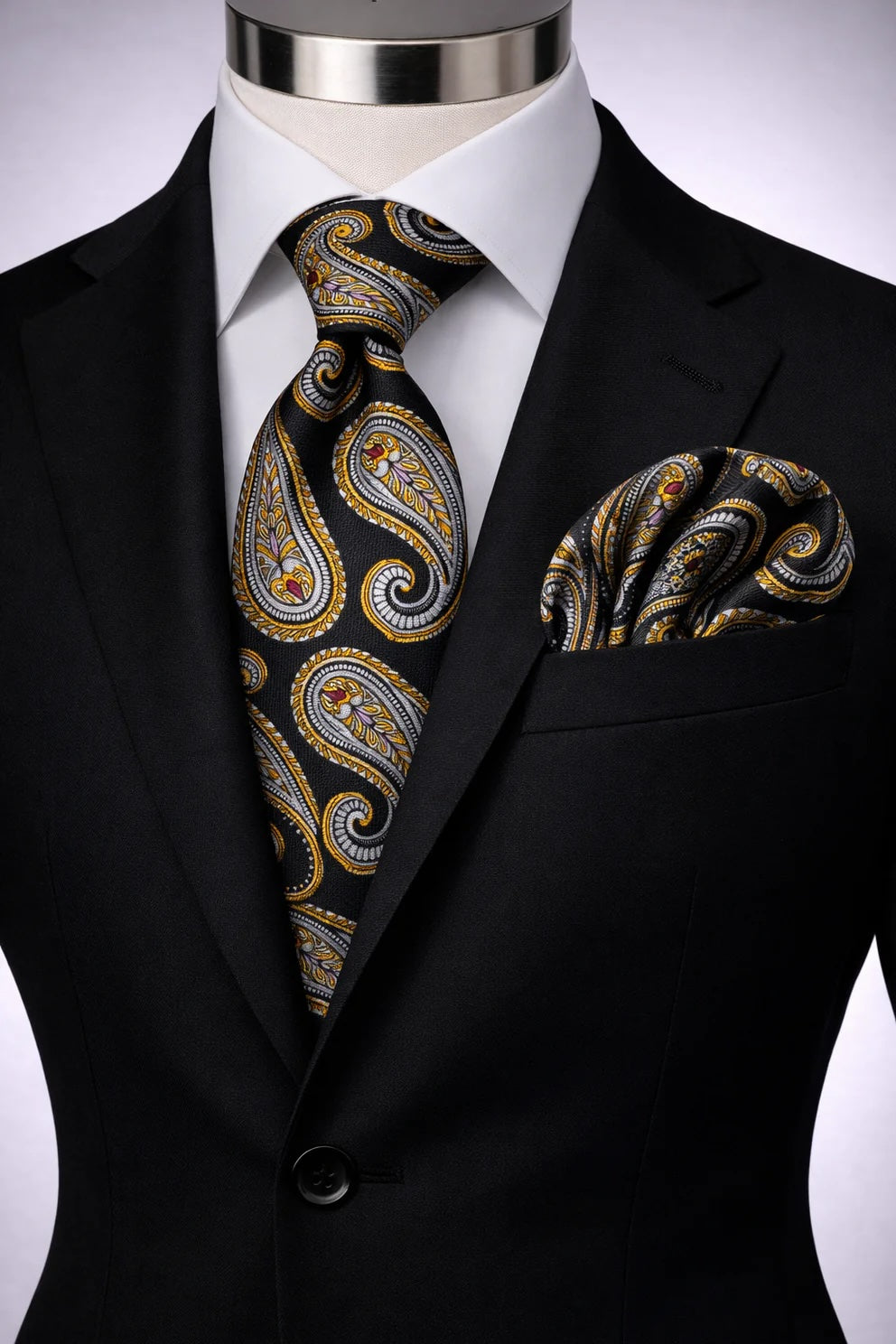 ROCCO 1 | BLK/GOLD/GREY | TIE & POCKET SQAURE