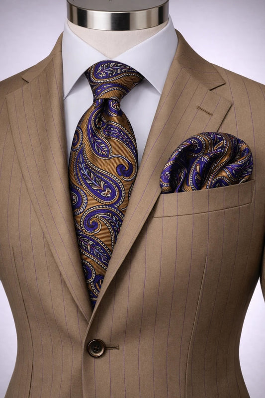 ROCCO 9 | BEIGE & ROYAL | TIE & POCKET SQAURE
