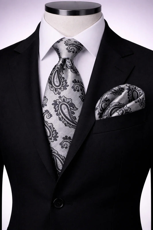 SONNY 1 | SILVER & BLACK | TIE & POCKET SQAURE
