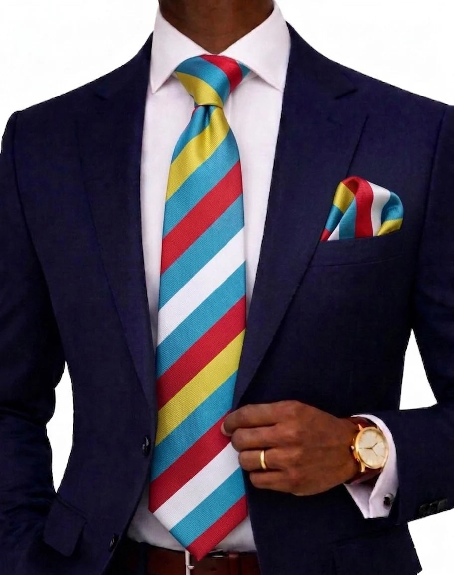 Egyptian Stripe A6 | Turquoise/Red/White/Yellow | Tie & Pocket Square