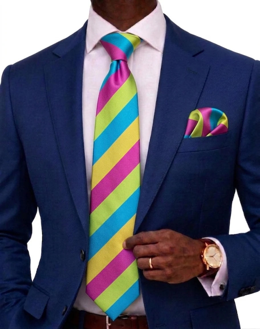 Egyptian Stripe A9 | Aqua/Yellow/Lime/Pink | Tie & Pocket Square