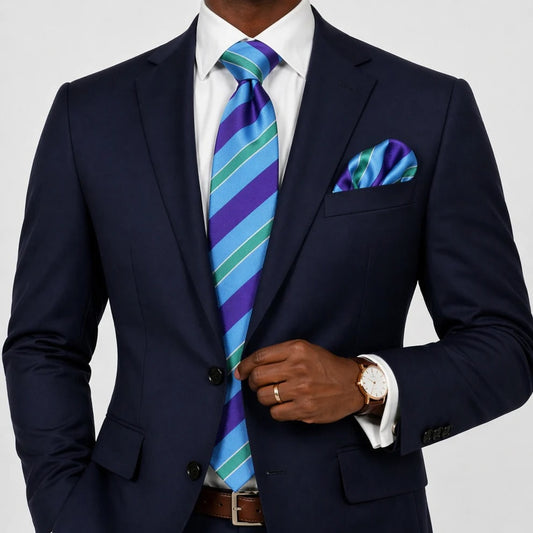 Giza Stripe A7 | Aqua/Purple/Green | Tie & Pocket Square