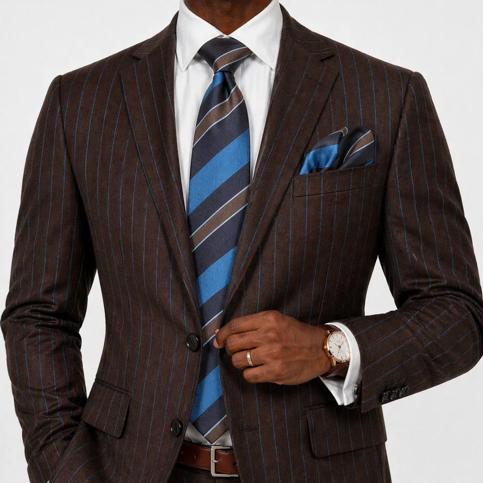 Giza Stripe A8 | Navy/Aqua/Brown | Tie & Pocket Square