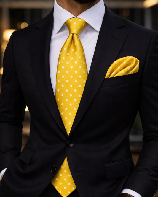 Pindot A4 | Yellow Solid White Dot | Tie & Pocket Square