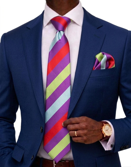 Egyptian Stripe A10 | Violet/Lime/Red/Teal | Tie & Pocket Square