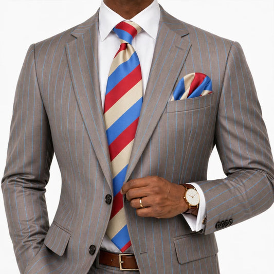 Sadui Stripe A2 | Beige/Blue/Red | Tie & Pocket Square